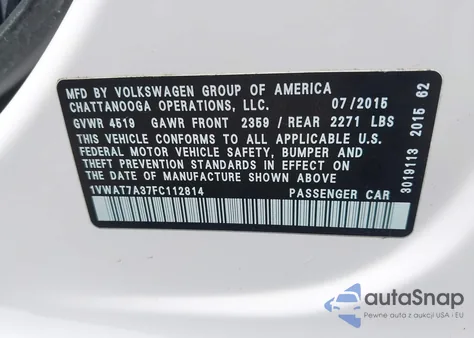 2015 Volkswagen Passat 1.8T Limited Edition из США, поврежденный, VIN 1VWAT7A37FC112814